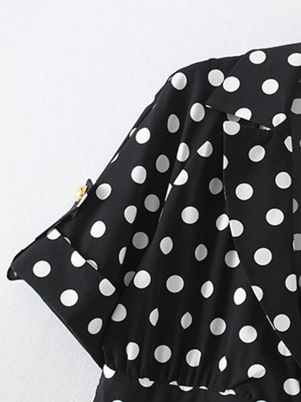 polyester v neck polka dot roll up sleeve blouse